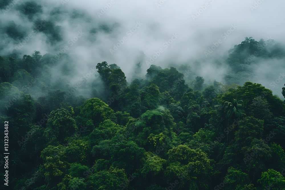 Poster dense tropical forest with rich vegetation and soft fog creating a dreamy atmosphere : generative ai
