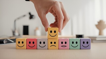 A concept representing customer satisfaction feedback surveys. A person picks a yellow smiling face block from a row of colorful blocks displaying various facial expressions