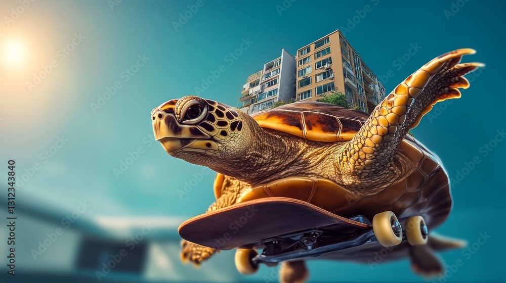 Poster turtle is riding a skateboard with a building in the background. the turtle is the main focus of the