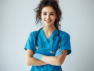 Smiling medical professional in blue scrubs and stethoscope poses