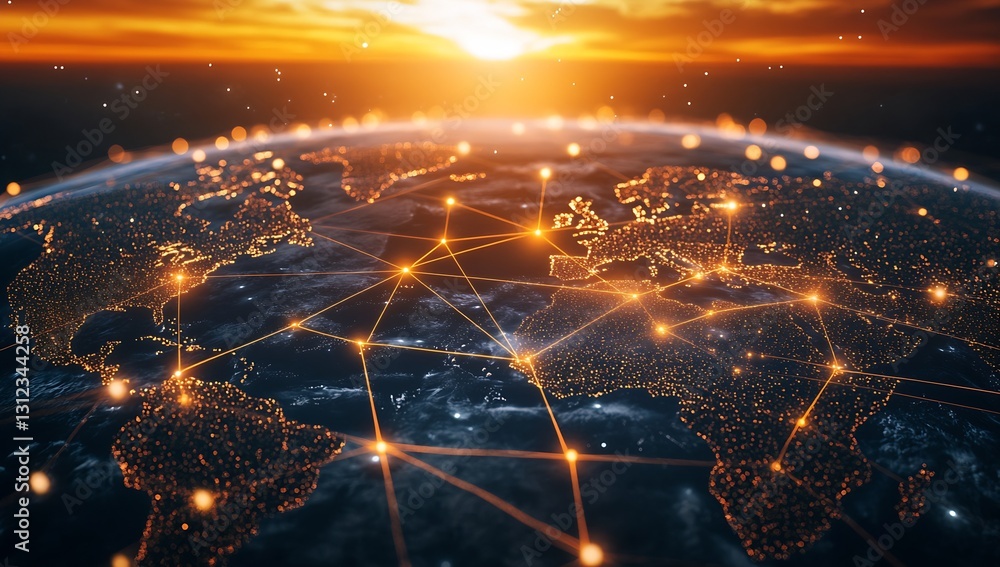 Poster stunning view of the earth with network connections and glittering lights at sunset : generative ai