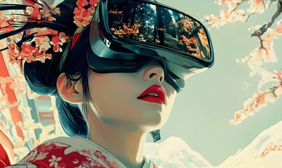 Geisha in Kimono Experiencing Virtual Reality with Cherry Blossom Background