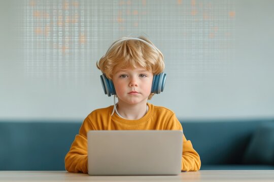 child sitting at desk with laptop looks thoughtfully wearing headphones while digital data binary codes subtly overlay