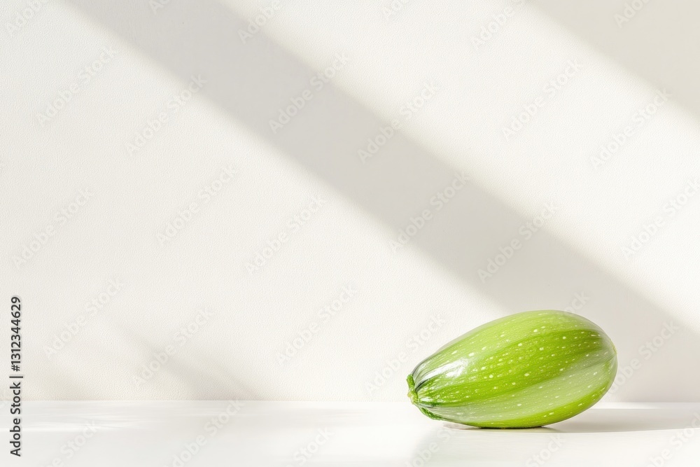 Poster clean shot of single green zucchini resting on pristine white background surrounded by soft shadows 