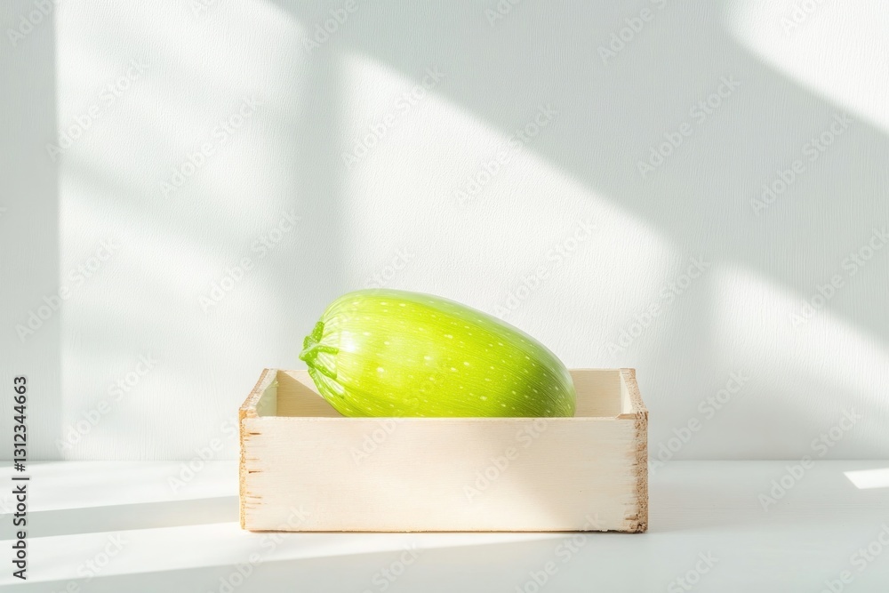 Poster clean shot of single green zucchini resting on pristine white background surrounded by soft shadows 