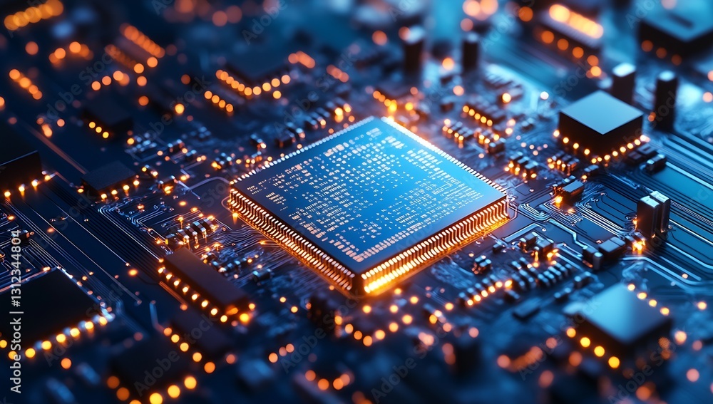 Aufkleber Illuminated microchip surrounded by electronic components highlighting the complexity of digital technology : Generative AI
