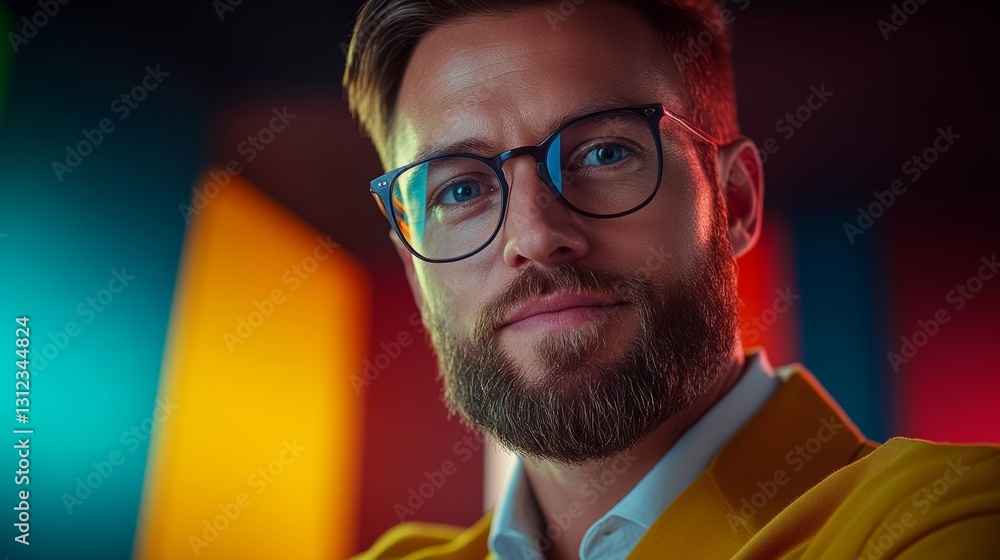 Poster man with glasses and a beard is smiling at the camera. the image has a bright and colorful backgroun