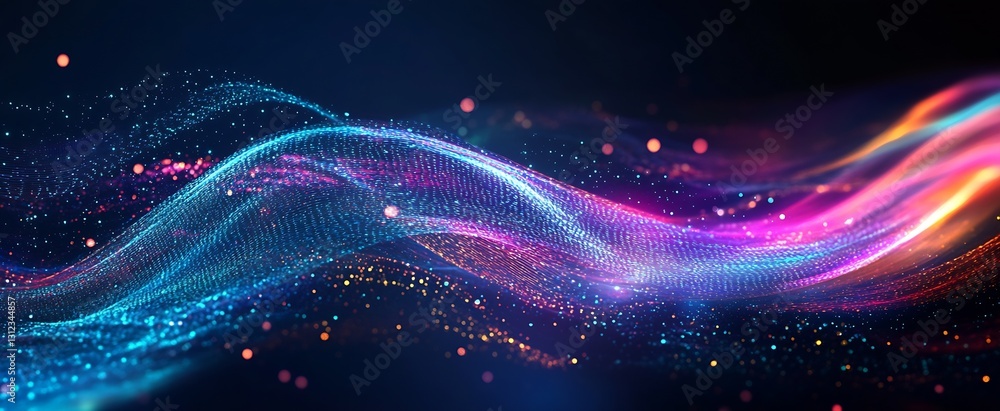 Poster dynamic wave of sparkling lights flowing gracefully through a digital landscape : generative ai