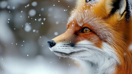 Fototapeta premium Red fox in the snowy forest, piercing amber eyes, fluffy winter fur, generative ai
