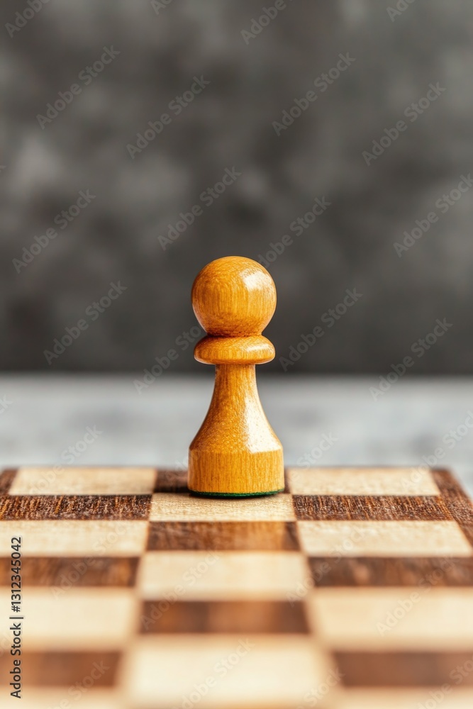 Poster close-up of single checker piece placed in middle of wooden board with all other spaces empty