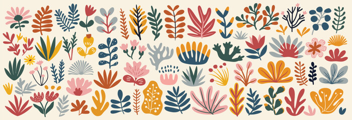 Naklejka premium Abstract floral design set, trendy graphic elements, hand drawn collection. Vector illustration.