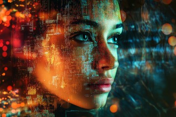 Futuristic Portrait of Woman with Digital Overlay and Neon Lights