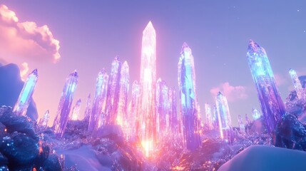 Enchanting Crystal Cityscape with Luminescent Towers and Ethereal Sky View