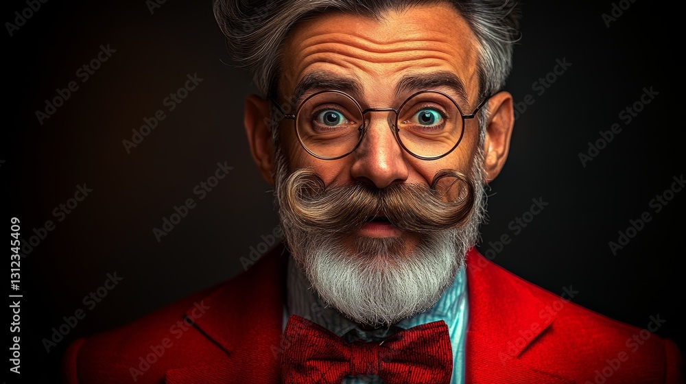 Poster man with a mustache and glasses is wearing a red suit and bow tie. he has a surprised expression on 