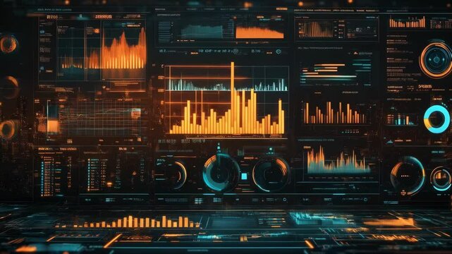 Business analytics UI with bold primary colors, blue, yellow, and red circular charts, sharp and modern grid layout, professional data presentation, bright and engaging style