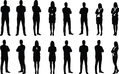 Set of black silhouette illustrations of multiple people standing with arms crossed, men in casual outfits, women in skirts and jackets
