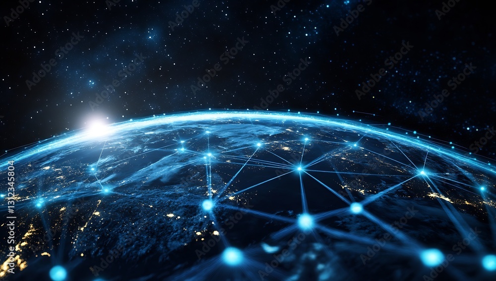 Poster breathtaking perspective of the earth showcasing glowing networks against a starry background : gene