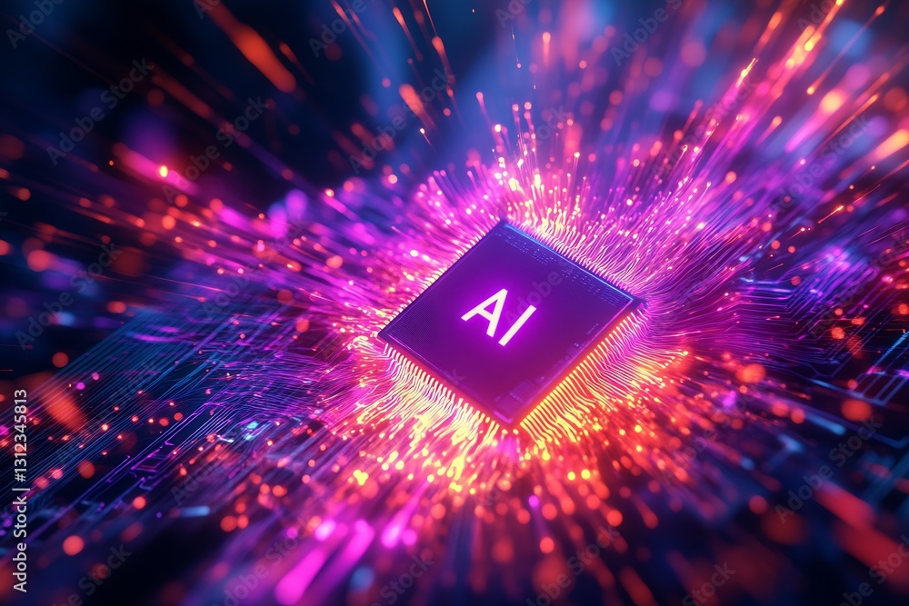Poster vibrant and striking image of an ai chip emitting radiant bursts of light and colorful energy : gene