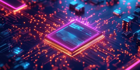Vibrant close-up of a microchip with glowing circuits and connections in a high-tech environment