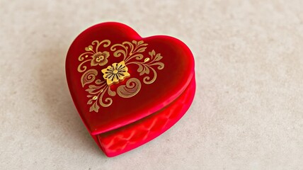 Fototapeta premium Red Heart Shaped Box with Gold Floral Design Romantic Gift Valentine s Day