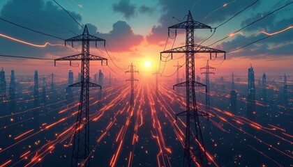Electrical engineering smart grid system with power lines and energy waves over city at sunset. Modern hi-tech energy concept. Digital art style with copy space for text in center.
