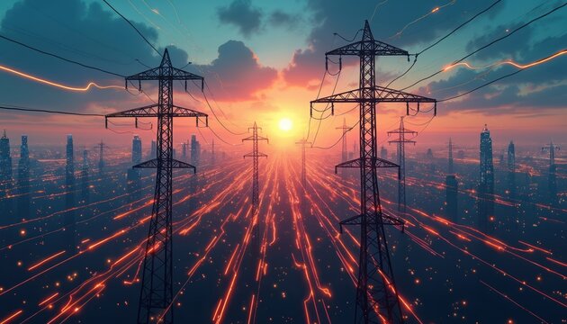 Electrical engineering smart grid system with power lines and energy waves over city at sunset. Modern hi-tech energy concept. Digital art style with copy space for text in center.