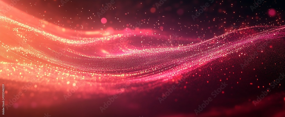 Poster Shimmering wave patterns with bright sparkling particles in vibrant shades of red and pink : Generative AI