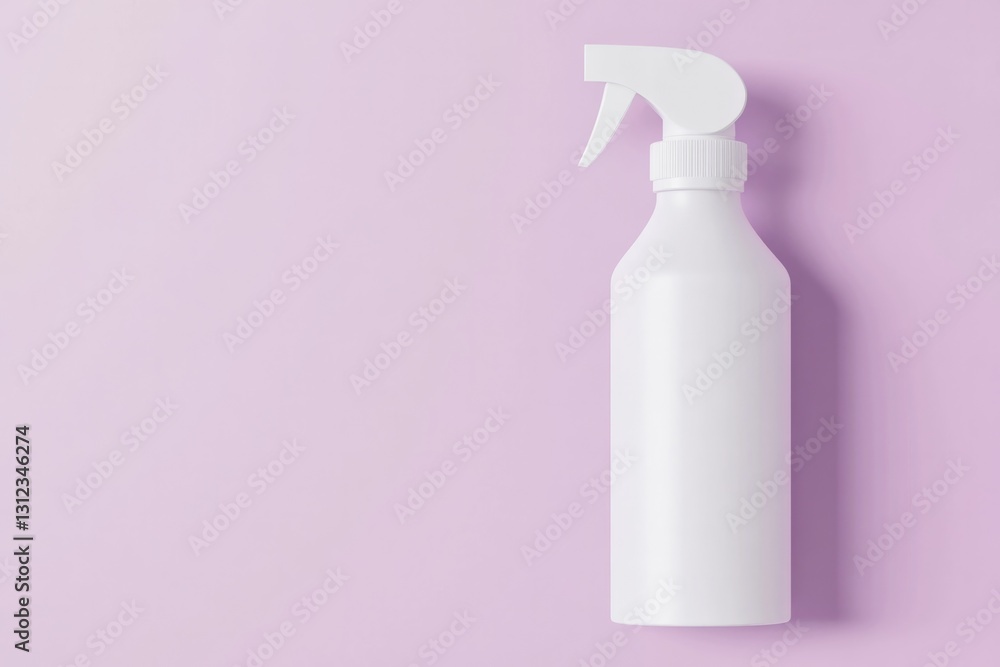 Poster conceptual design of white spray bottle with matte finish centered on lavender solid background with