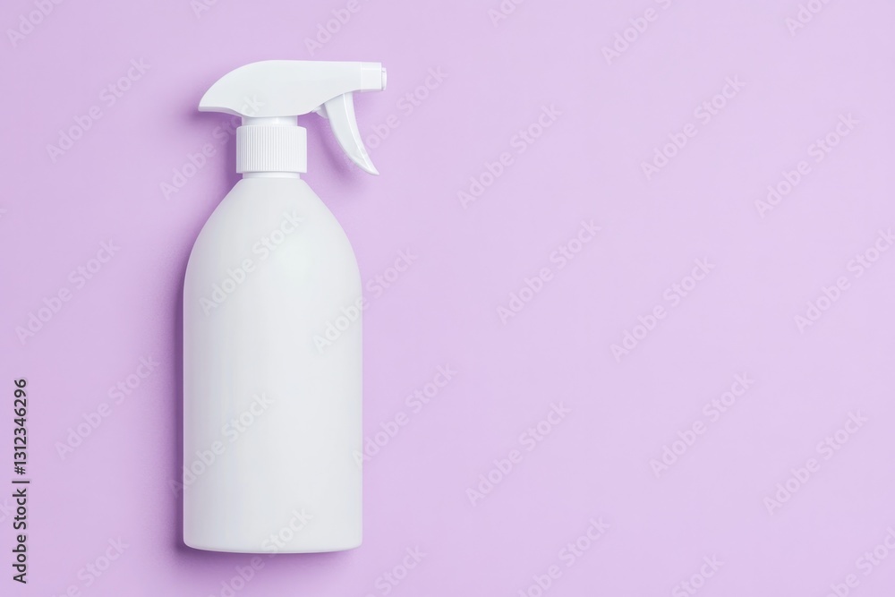 Poster conceptual design of white spray bottle with matte finish centered on lavender solid background with