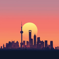 A flat 2D vector of a breathtaking city skyline with a sunset backdrop.