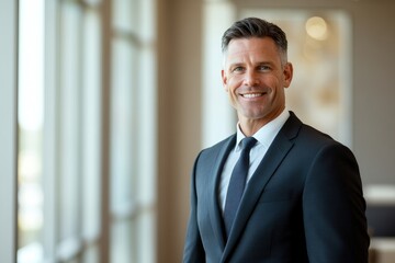 Fototapeta premium confident business executive in formal suit stands smiling in elegant office space with large window background includes