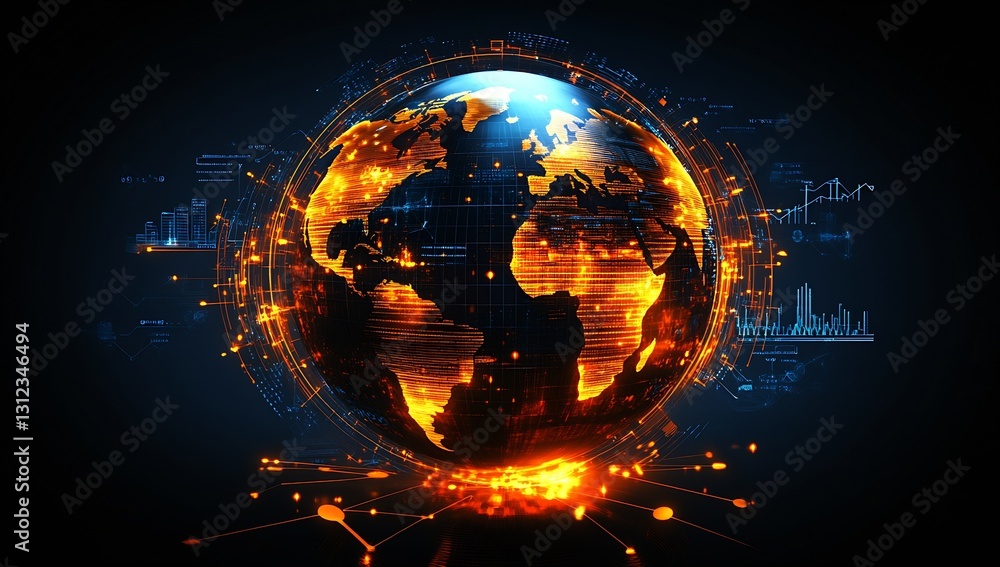 Poster a vivid depiction of the globe with blue and orange hues showcasing data connections and modern tech
