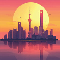 Obraz premium A flat 2D vector of a breathtaking city skyline with a sunset backdrop.