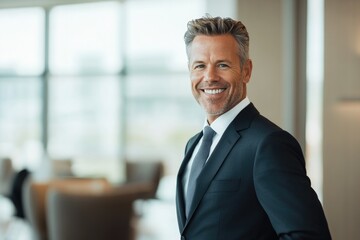 Fototapeta premium confident business executive in formal suit stands smiling in elegant office space with large window background includes