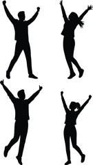 Four black silhouette figures, two men and two women, raising their arms in cheerful celebration of success