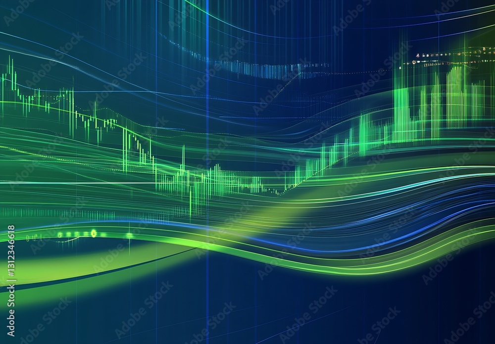 Aufkleber Dynamic abstract finance visualization with vibrant green and blue colors depicting stock market trends and data analytics : Generative AI