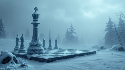 Frozen Chessboard in Snowy Winter Landscape Strategy Game Cold Winter Outdoors