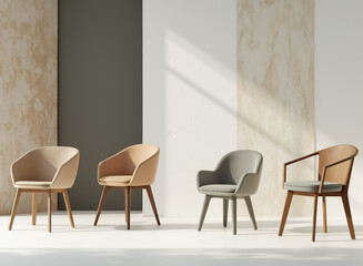 four stylish chairs with curved backs and wooden legs in a modern interior setting