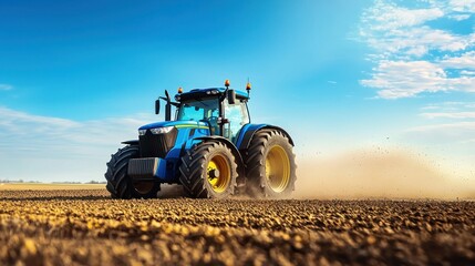Obraz premium Blue Tractor Plowing Dry Soil on a Sunny Day in Open Field
