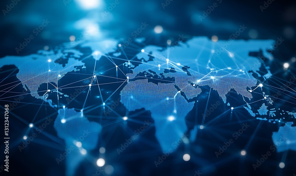 Poster Detailed depiction of a global network connection map with luminescent links and a modern touch : Generative AI