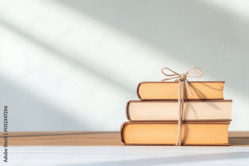 Poster creative photo of stack of books tied with twine sitting on rustic table with soft natural light and