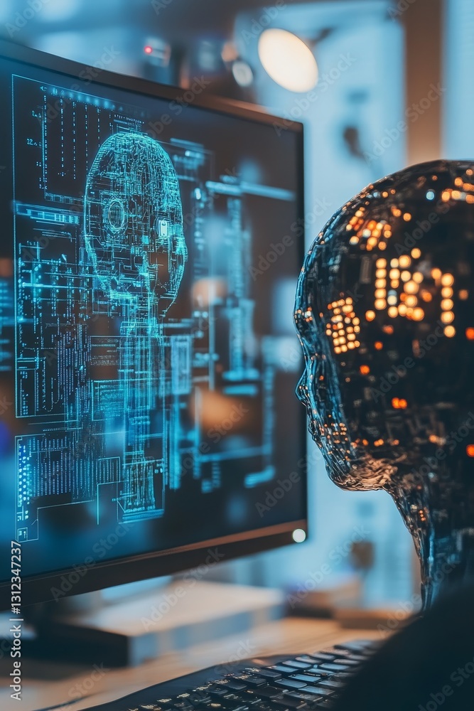 Poster futuristic robot analyzing data on a computer screen image