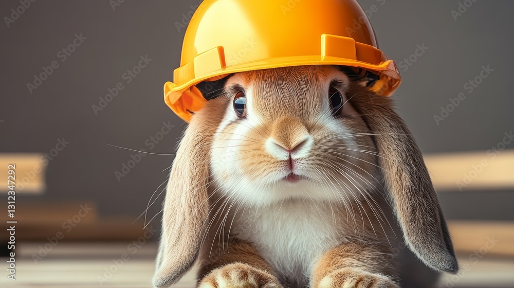 Poster rabbit wearing a hard hat. the rabbit is looking at the camera. the image has a playful and lighthea
