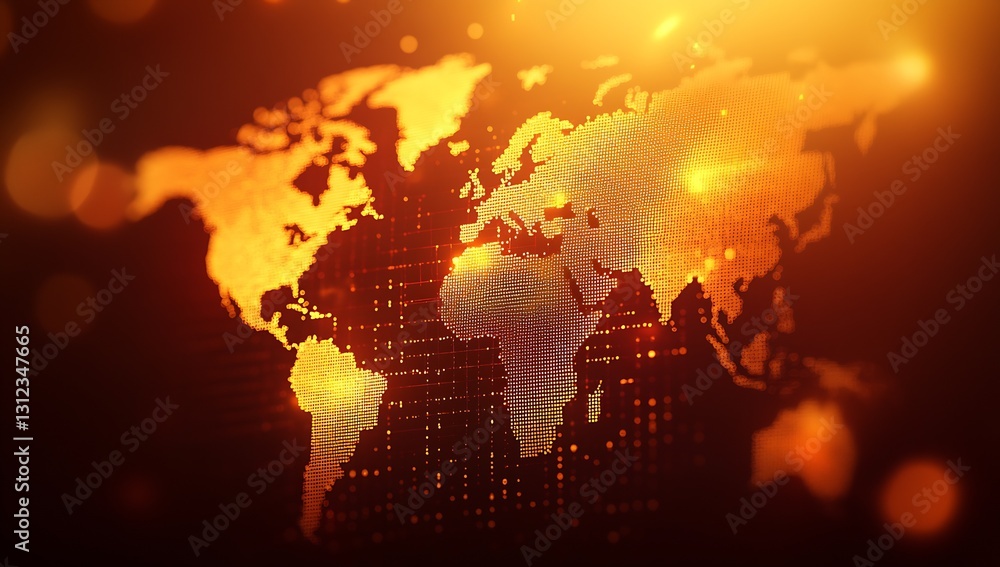 Aufkleber Illuminated world map with sparkling connections illustrating global interaction in a warm color palette : Generative AI