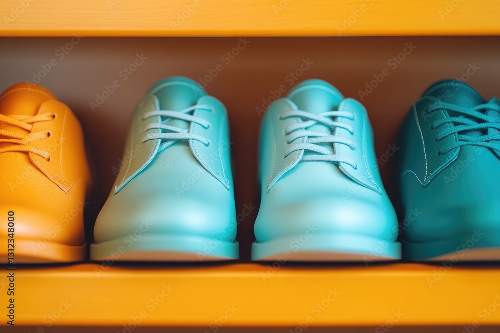 Poster detailed view of shoes neatly arranged on shelves organized by color and style with soft lighting an