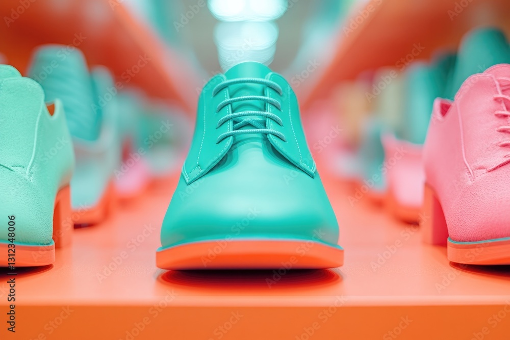 Poster detailed view of shoes neatly arranged on shelves organized by color and style with soft lighting an