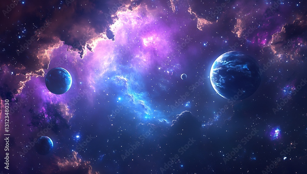Poster Ethereal cosmic scene showcasing vibrant planets against a backdrop of colorful nebulae : Generative AI