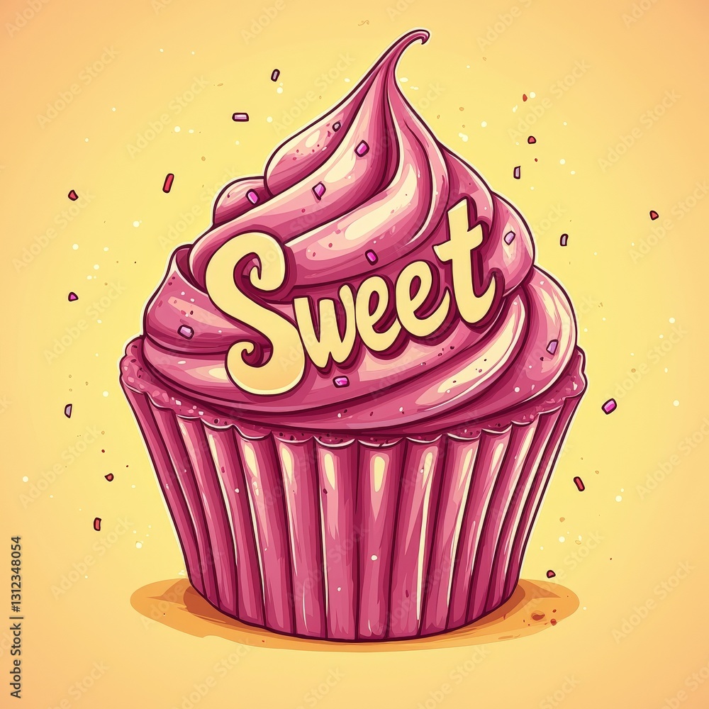 Poster pink cupcake with sprinkles and a sweet text design on a bright yellow background for delicious trea