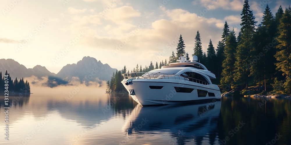 Aufkleber elegant yacht docked in a misty lake surrounded by towering mountains and lush evergreen trees : gen