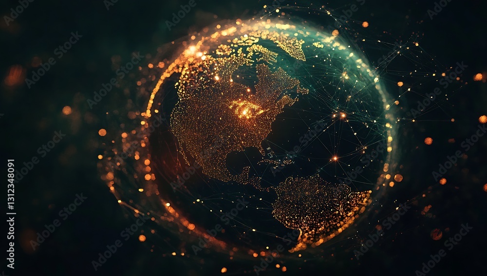 Fototapete Dynamic Earth Visualization with Orange Network Links Emphasizing Global Data Flow and Interconnectivity : Generative AI